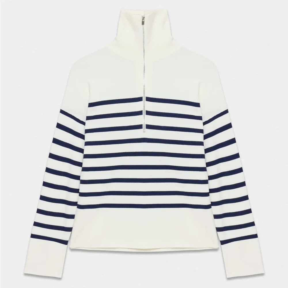 Babaton Aritzia Merino Wool Striped Half Zip Sweater Small Navy Cream